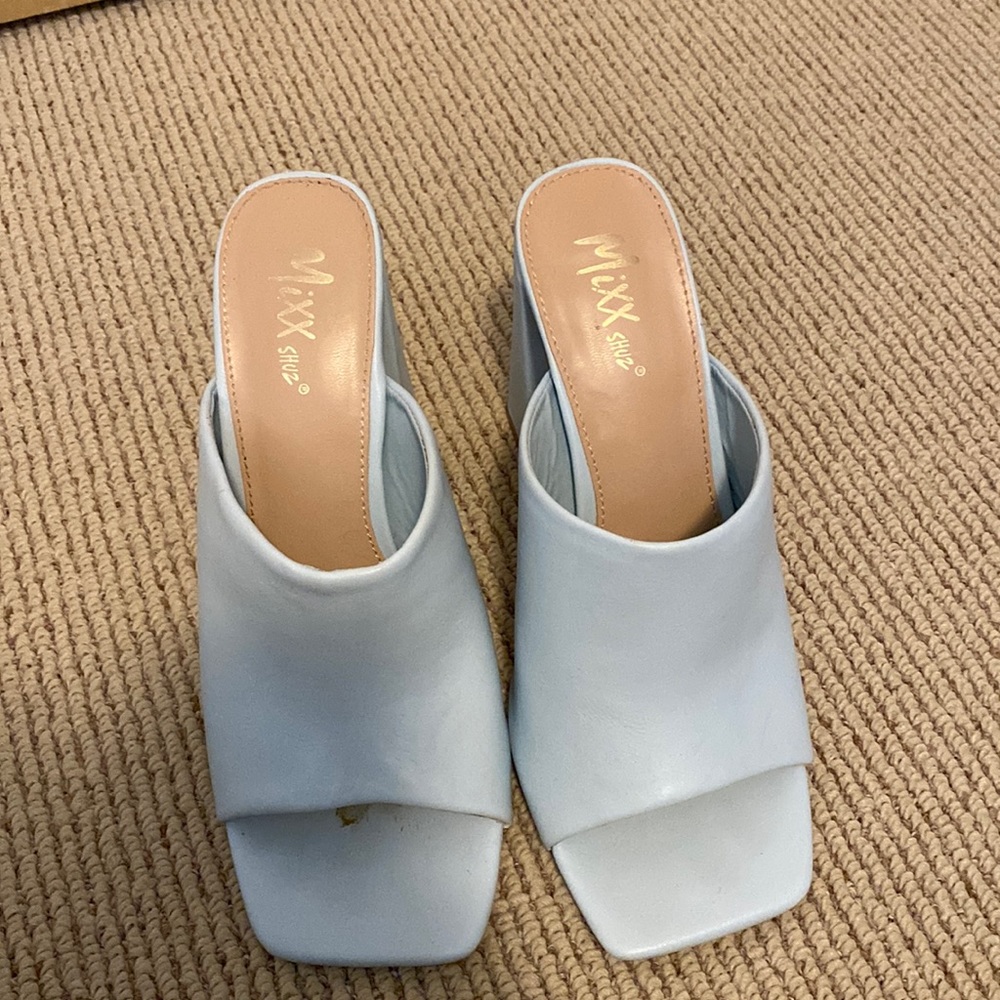 Like new Square Toe Block Chunky High Heel Mules Slip on Sandals light blue